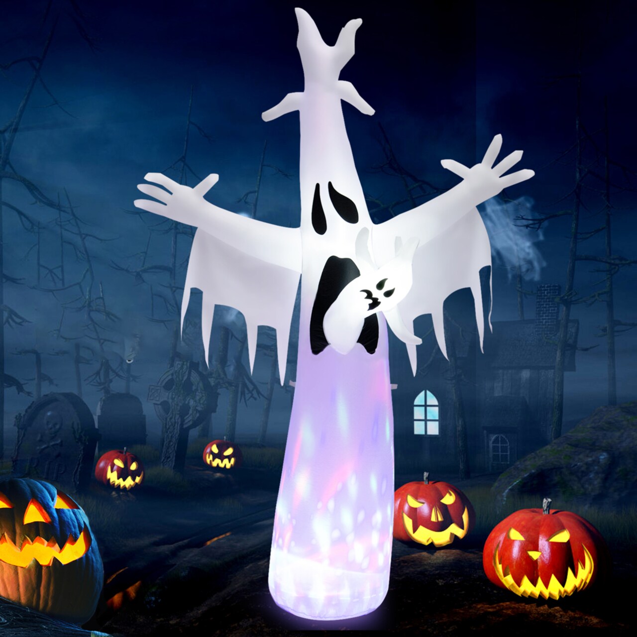 Gymax 8FT Inflatable Ghost Halloween Festival Giant Yard Decor w/ LED and Magic Rotating Lamp